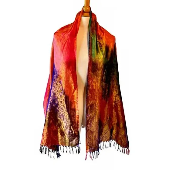 Silk Bright Colorful Jeweltone Brocade Hombre Sari Rectangular Scarf - Picture 2 of 8